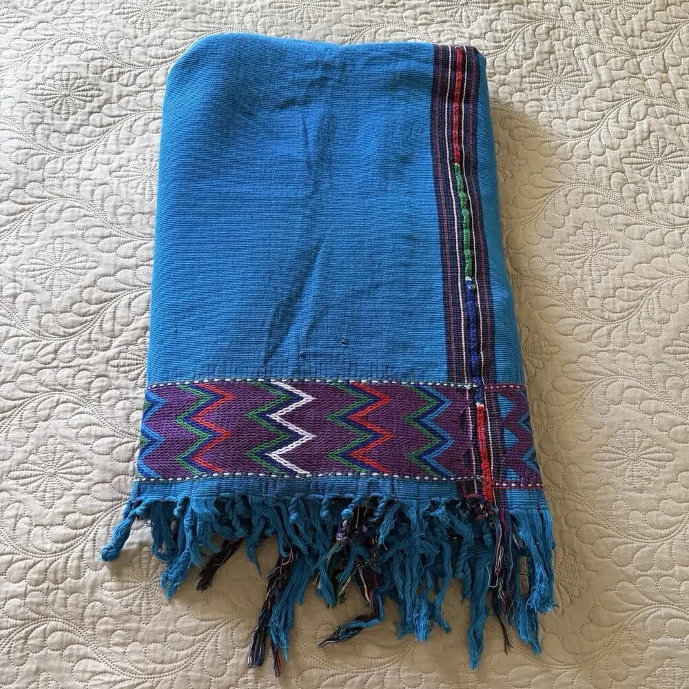 Guatemalan Woven Blanket Throw Textile Blue Fringe Traditional 82” x 88”